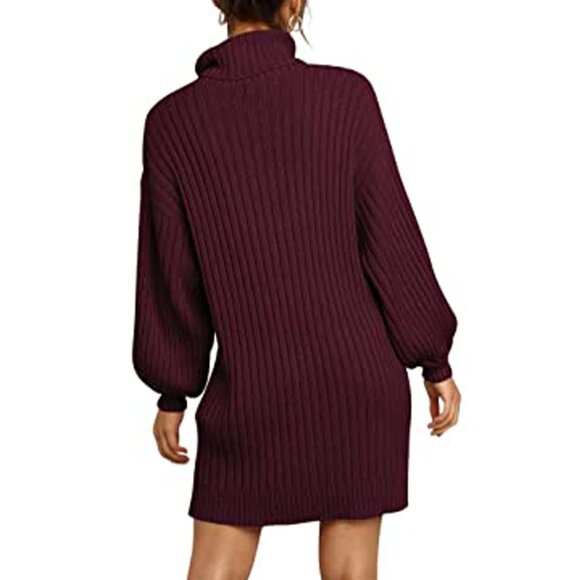 Burgundy Viscose Elastic Ribbed Knit Lantern Sleeves Turtleneck Sweater womn XL - Picture 9 of 17